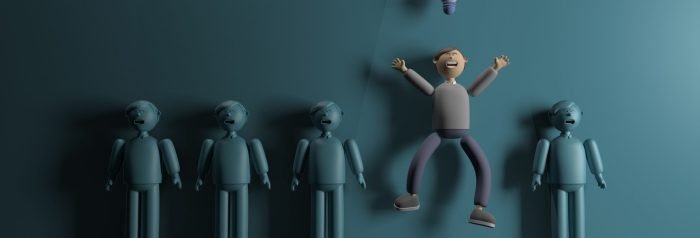 3D illustration cartoon character young man in the line jumped and had a light bulb hovering over their head, rendering